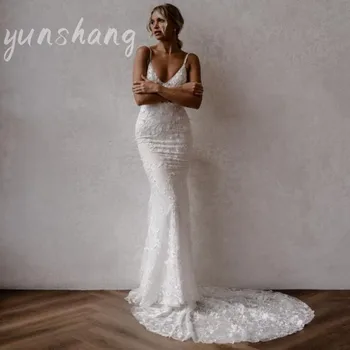 Yunshang Elegantiškas Undinė Vestuvių Suknelės Baltos Spalvos Nėriniais Atvira Nugara V-Kaklo Spagečiai Dirželiai Nuotakos Suknelė Valymo Traukinio Vestido De Novia