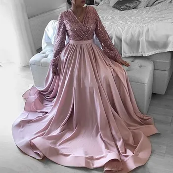 Vinca Saulėtas Rožinė Arabų Vakaro Suknelės V-Kaklo China Custom Made Simple Dubajus Ilgai-Line Ilgomis Rankovėmis Seksualus Prom Šalis Suknelė