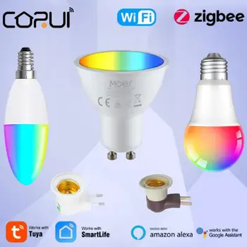 Tuya WiFi Zigbee LED Smart Lemputės Pritemdomi Lemputė E27 E14 GU10 RGBCW Lemputė Paramos Smart Gyvenimo Alexa 