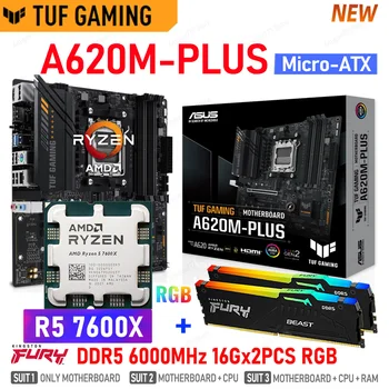 AMD AM5 R5 7600X CPU + ASUS TUF ŽAIDIMŲ A620M PLIUS Mainboard Kostiumas RAM Kingston DDR5 Atminties 6000MHz 32GB Gamer 