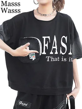 Masss Wasss 2023 Korėjos Pankų Drabužių Moterų Mados Spausdinti Derliaus Summer Tee Marškinėliai Ponios Prabangus Laisvalaikio Prarasti Kišenės Viršūnės